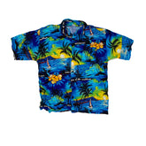 Vintage 90s rayon blue yellow palm tree Jamaica Hawaiian shirt size large